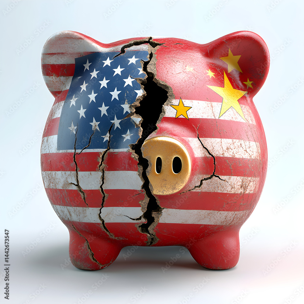 Broken piggy bank showing increasing tensions between usa and china