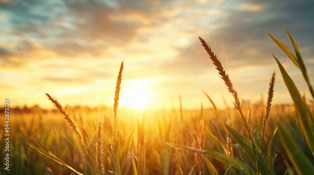 A beautiful wheat field illuminated by a golden sunrise, showcasing golden stalks swaying gently in the morning light under a mesmerizing cloudy sky in early spring. A beautiful wheat field illuminated by a golden sunrise, showcasing golden stalks swaying gently in the morning light under a mesmerizing cloudy sky in early spring.