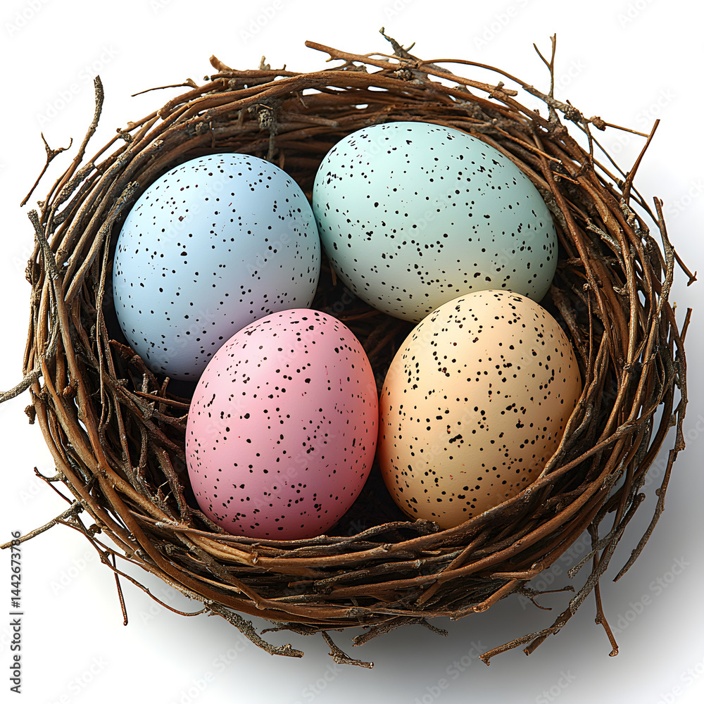 Colorful speckled easter eggs nestling in twig nest