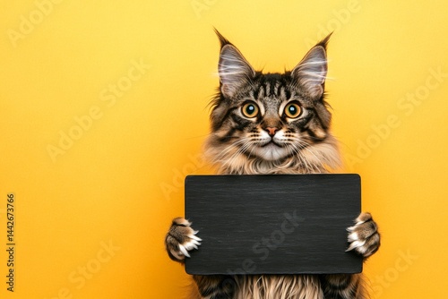 Ð¡ute adult cat kurilian bobtail hold in front paws a wireframe - large dark black avenue sign. Isolated cat on a solid attire yellow background. Furry friend for ad. Pet mockup with message. photo