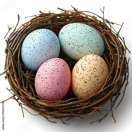 Obraz na płótnie Colorful speckled easter eggs nestling in twig nest w salonie