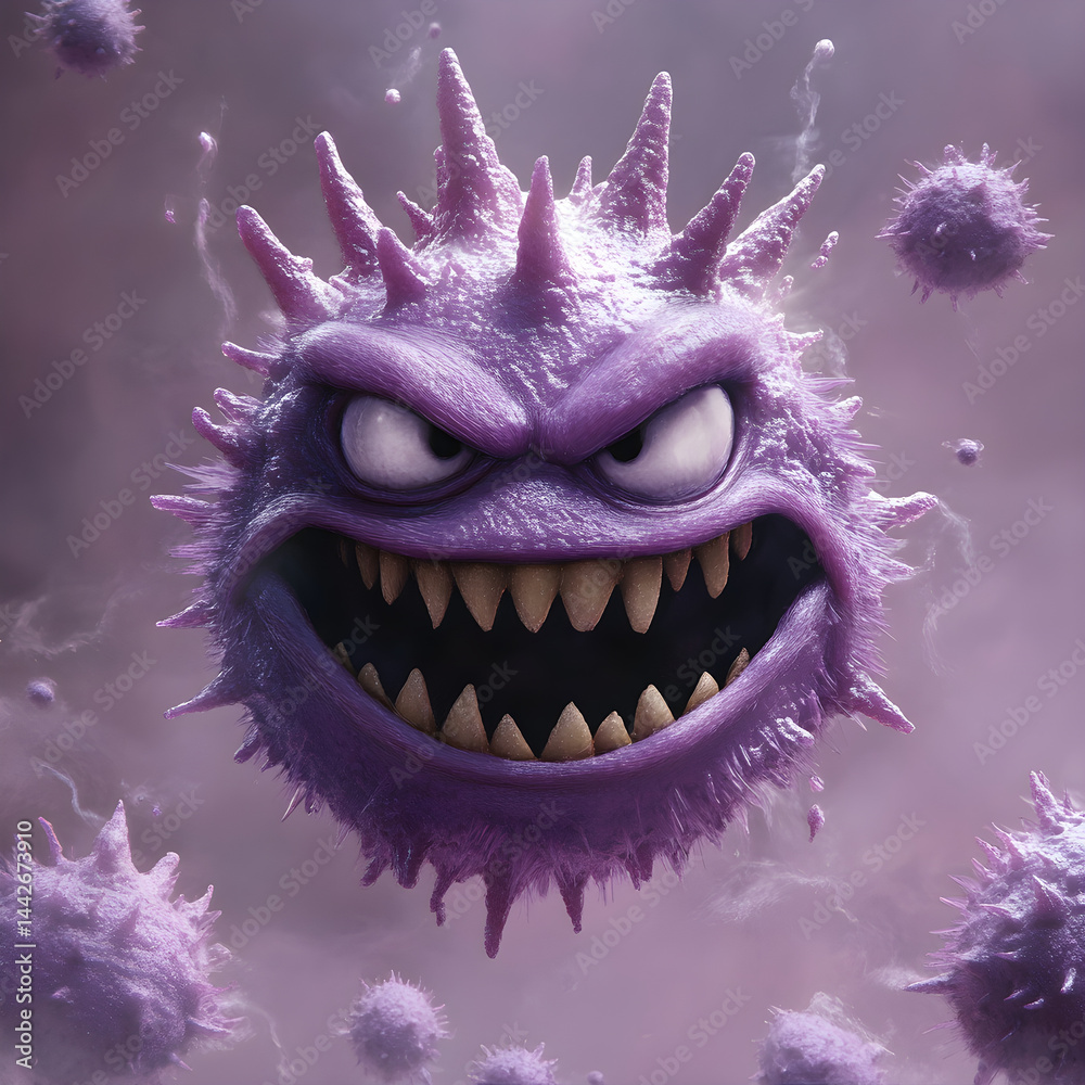 Angry virus showing teeth floating through air