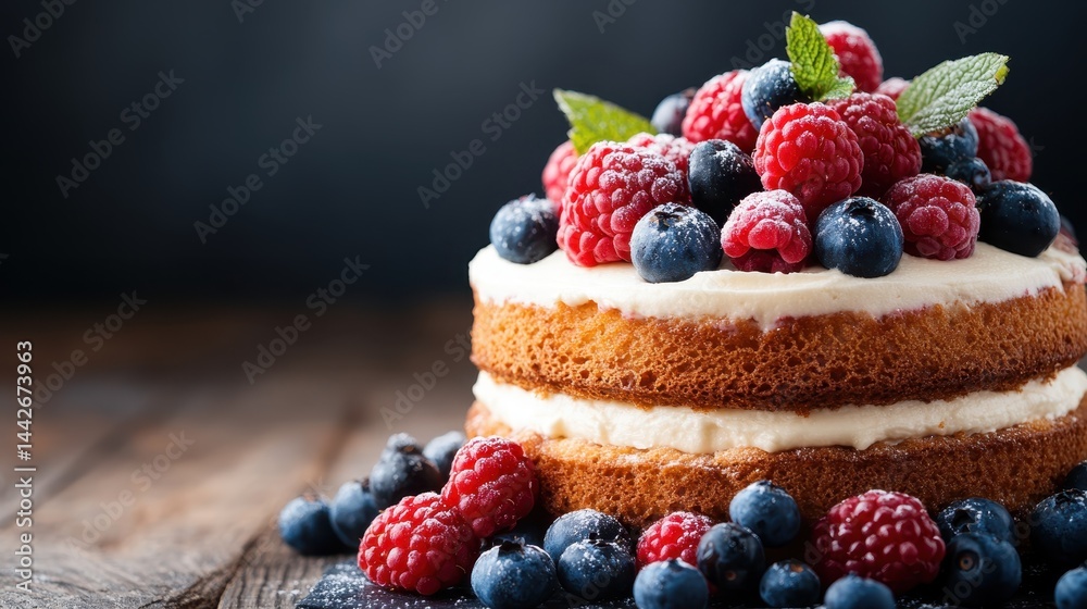 A stunning layer cake adorned with fresh raspberries and blueberries, layered with creamy frosting, perfect for any celebration or special occasion that calls for sweetness. A stunning layer cake adorned with fresh raspberries and blueberries, layered with creamy frosting, perfect for any celebration or special occasion that calls for sweetness.