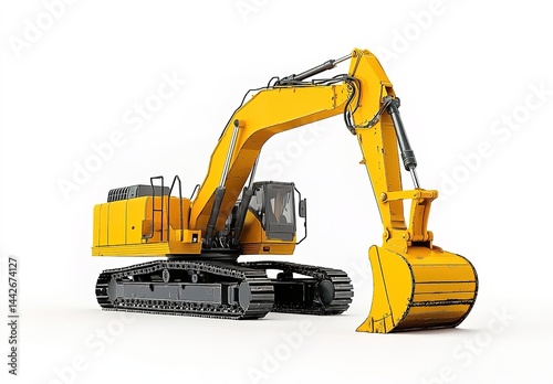 A yellow  excavator with black tracks and large bucket on white background.