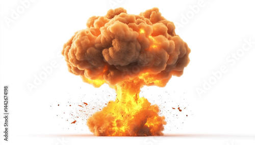 Isolated nuclear explosion with mushroom cloud on white background - high-impact explosion scene