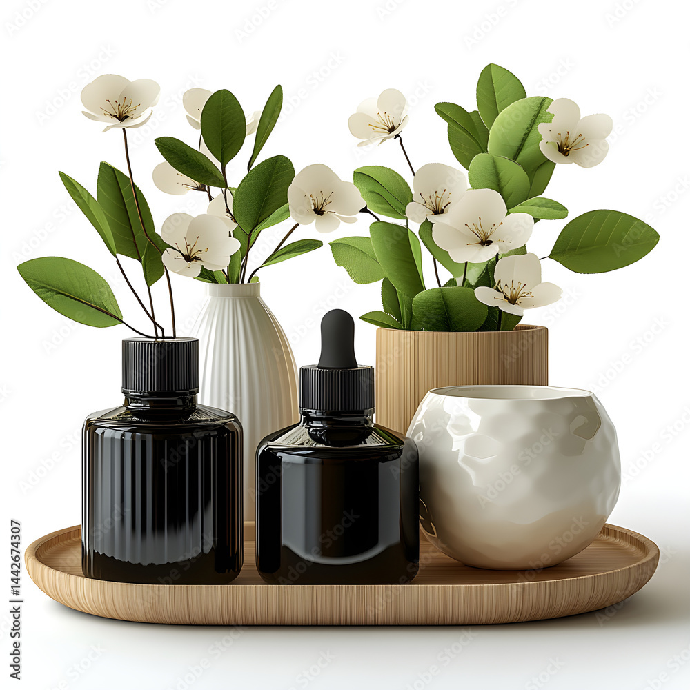 Elegant tray holding beauty products and cherry blossoms