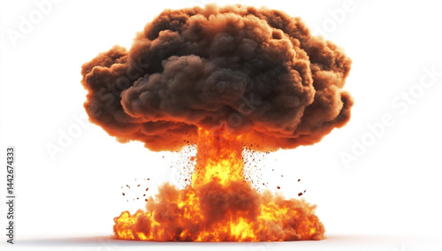 Isolated nuclear explosion with mushroom cloud on white background - high-impact explosion scene