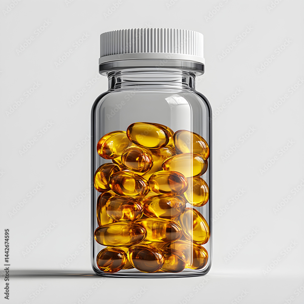Glass pill bottle containing golden vitamin d capsules on white background