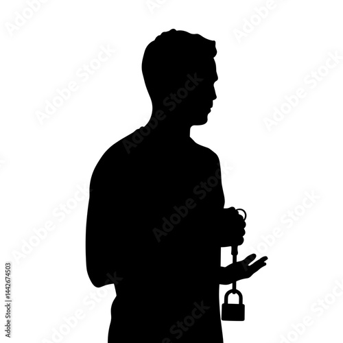 Silhouette of a person holding a padlock in contemplation  