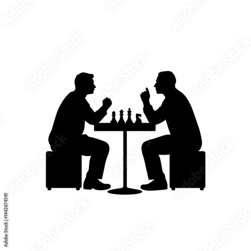 Silhouette of two men playing chess, focused and competitive, on a white background  