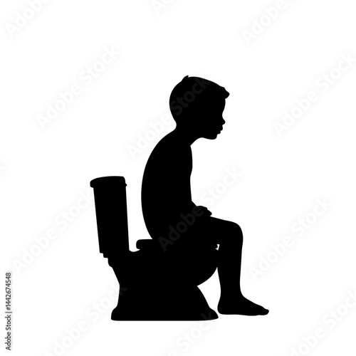Silhouette of boy sitting on toilet, deep in thought, minimal design  