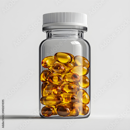 Obraz na płótnie Glass pill bottle containing golden vitamin d capsules on white background w salonie
