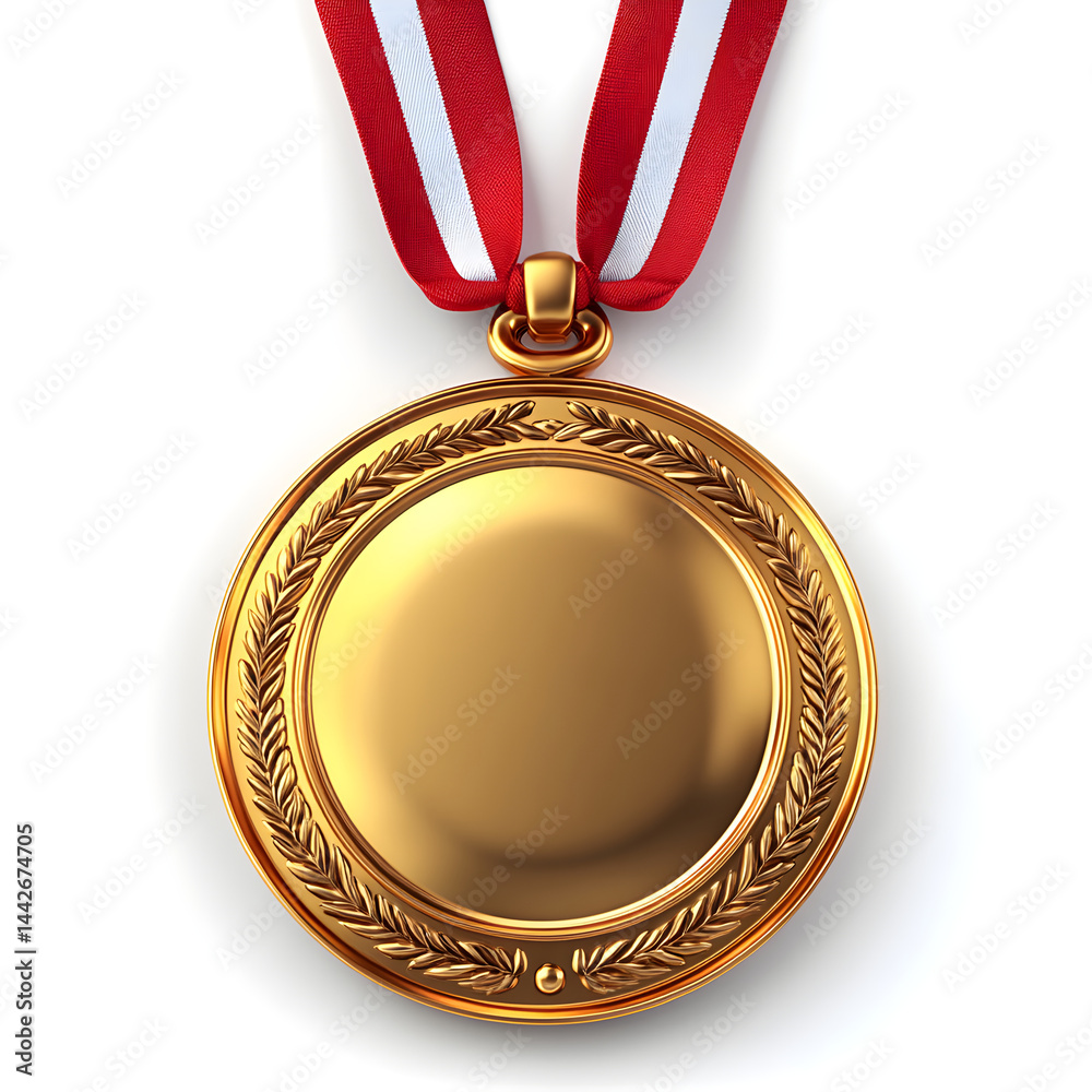 Shiny gold medal hanging from red and white ribbon celebrating victory