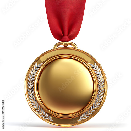 Obraz na płótnie Shiny gold medal hanging from red ribbon symbolizing victory and achievement w salonie
