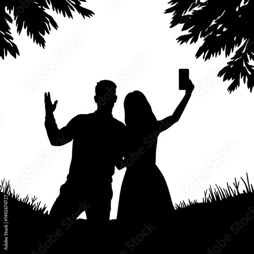 Silhouette of a couple taking a selfie in nature  