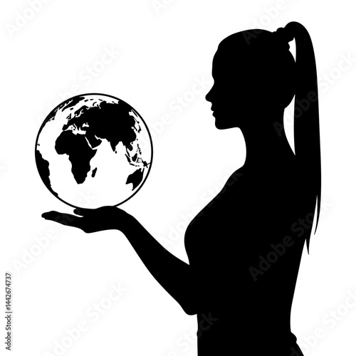 Silhouette of a woman holding the Earth against a plain background  