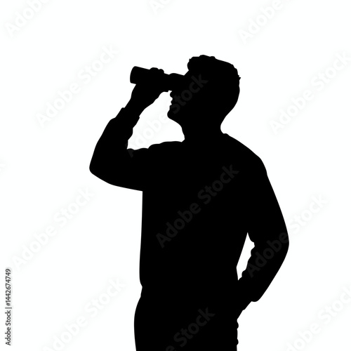 Silhouette of a person observing with binoculars against a plain background  