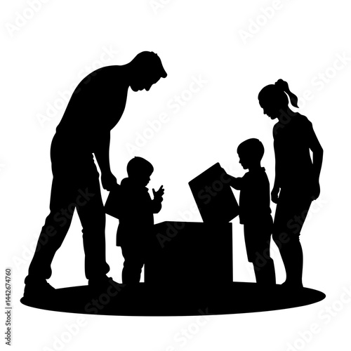 Silhouette of a parent guiding children while playing with a box  