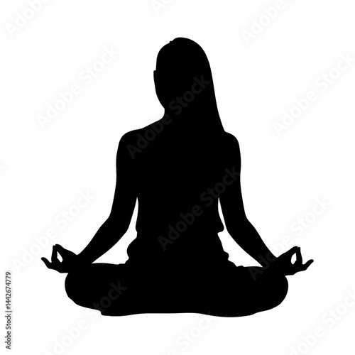 Silhouette meditating person in a tranquil pose against white background  