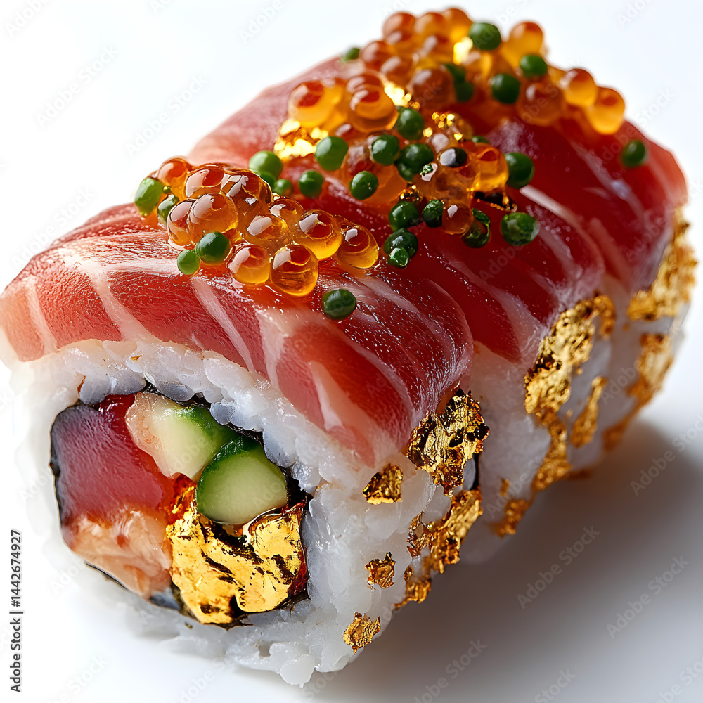 Luxurious sushi roll covered with gold and salmon roe