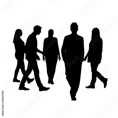 Silhouettes of people walking in a group against a plain background  