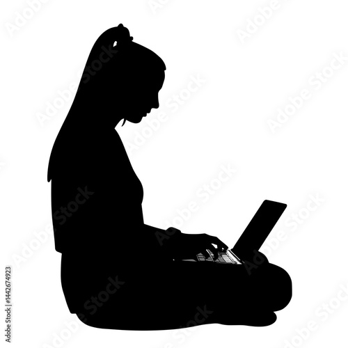 Silhouette of a woman using a laptop in a sitting position  
