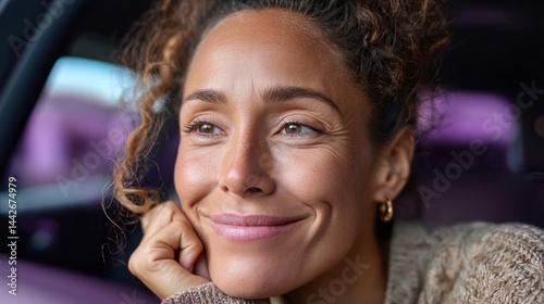 Obraz na płótnie A woman with curly hair is sitting in a bright purple car, wearing a content smile as she daydreams on a sunny day. Her cheerful expression reflects pure joy and positivity w salonie