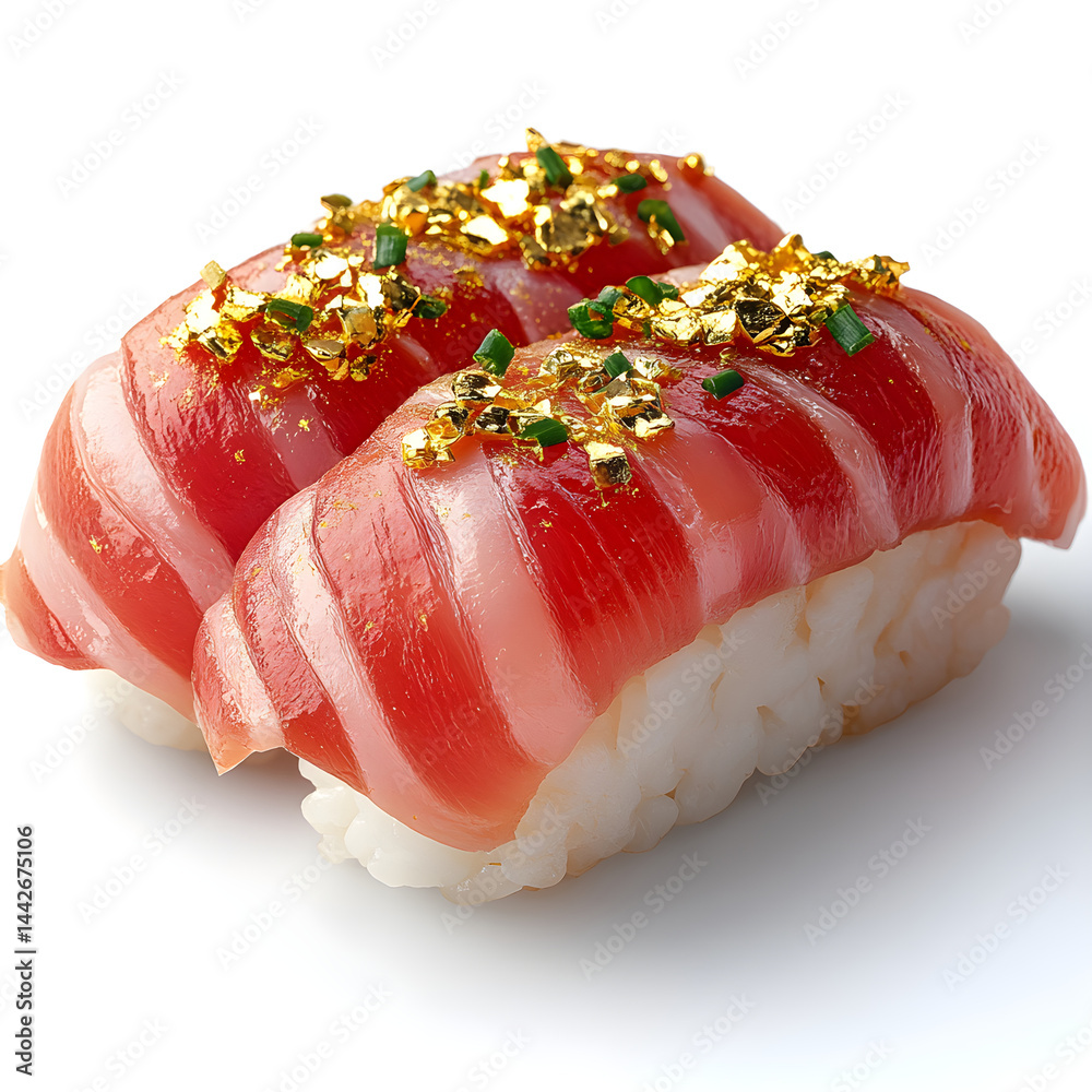 Luxurious nigiri sushi with gold flakes and tuna on white background