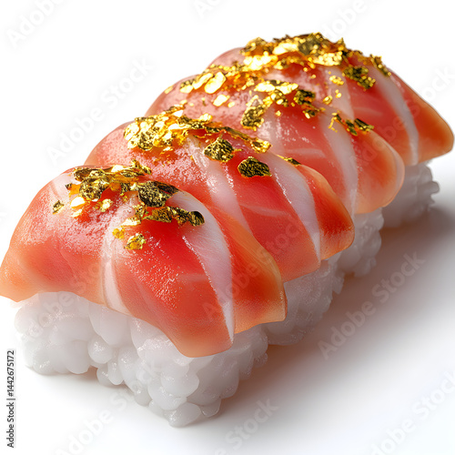 Delicious tuna nigiri sushi garnished with gold flakes on white background