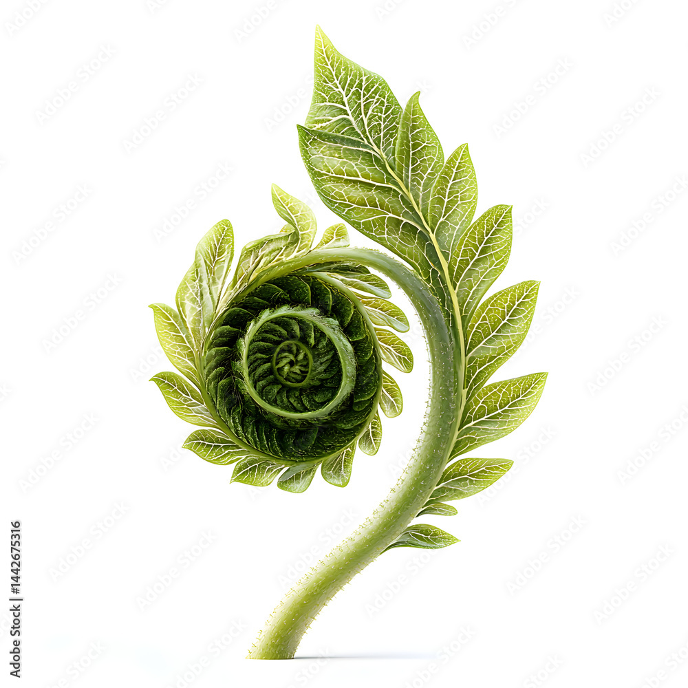Young green fern growing in a spiral shape on white background
