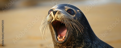 Seal is on a sandy beach opening its mouth photo