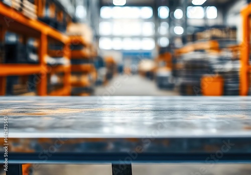 Wallpaper Mural Warehouse interior with orange shelving units and wooden-textured foreground. Torontodigital.ca