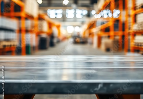 Wallpaper Mural Warehouse interior with orange shelving units and wooden-textured foreground. Torontodigital.ca
