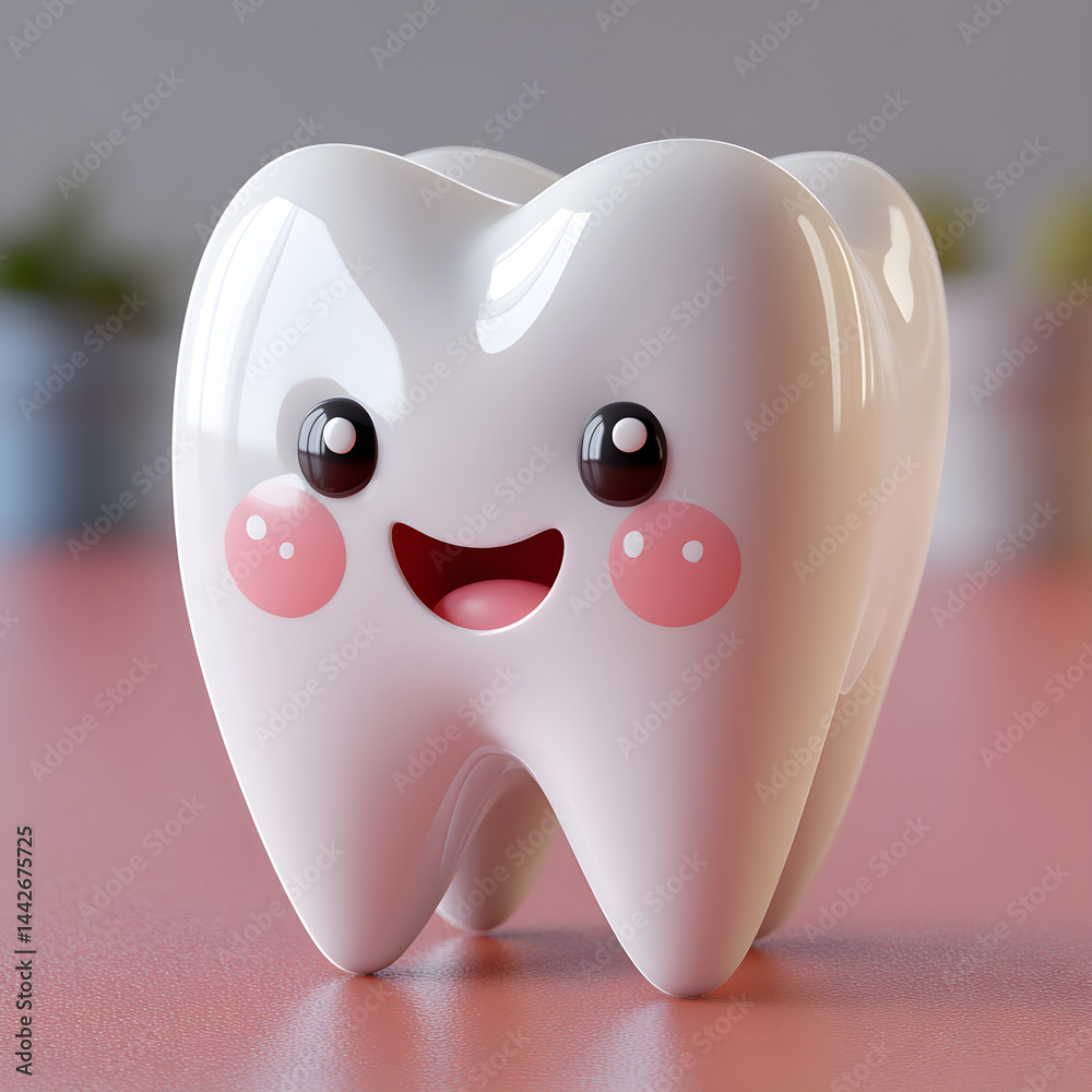 Cute happy tooth smiling promoting dental health and hygiene