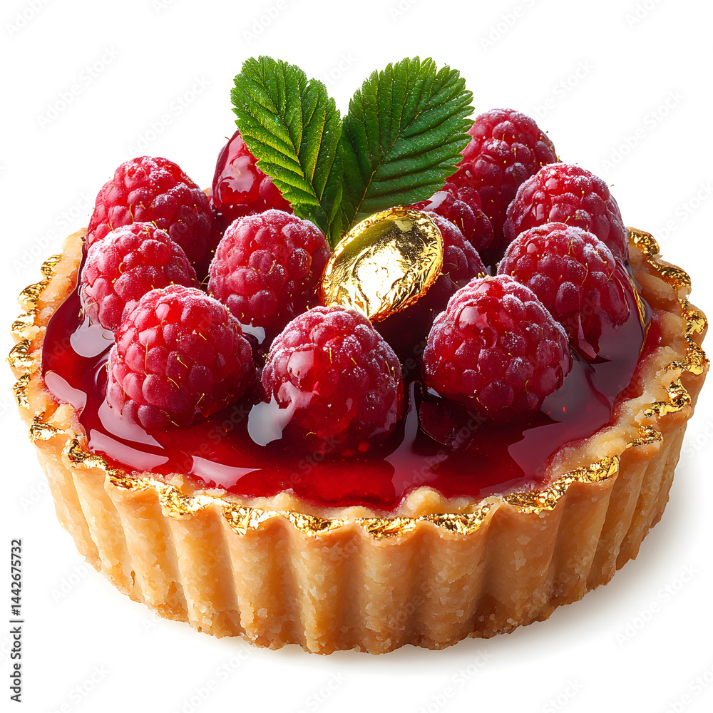Delicious raspberry tartlet decorated with gold and mint leaves