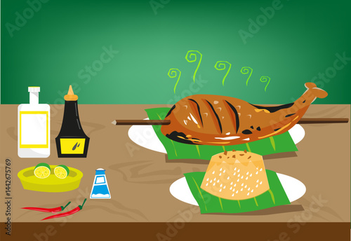 Barbecue Chicken Inasal on a banana leaf is a famous grilled specialty dish in Bacolod or Iloilo Philippines in the Visayas region. Editable Clip Art.