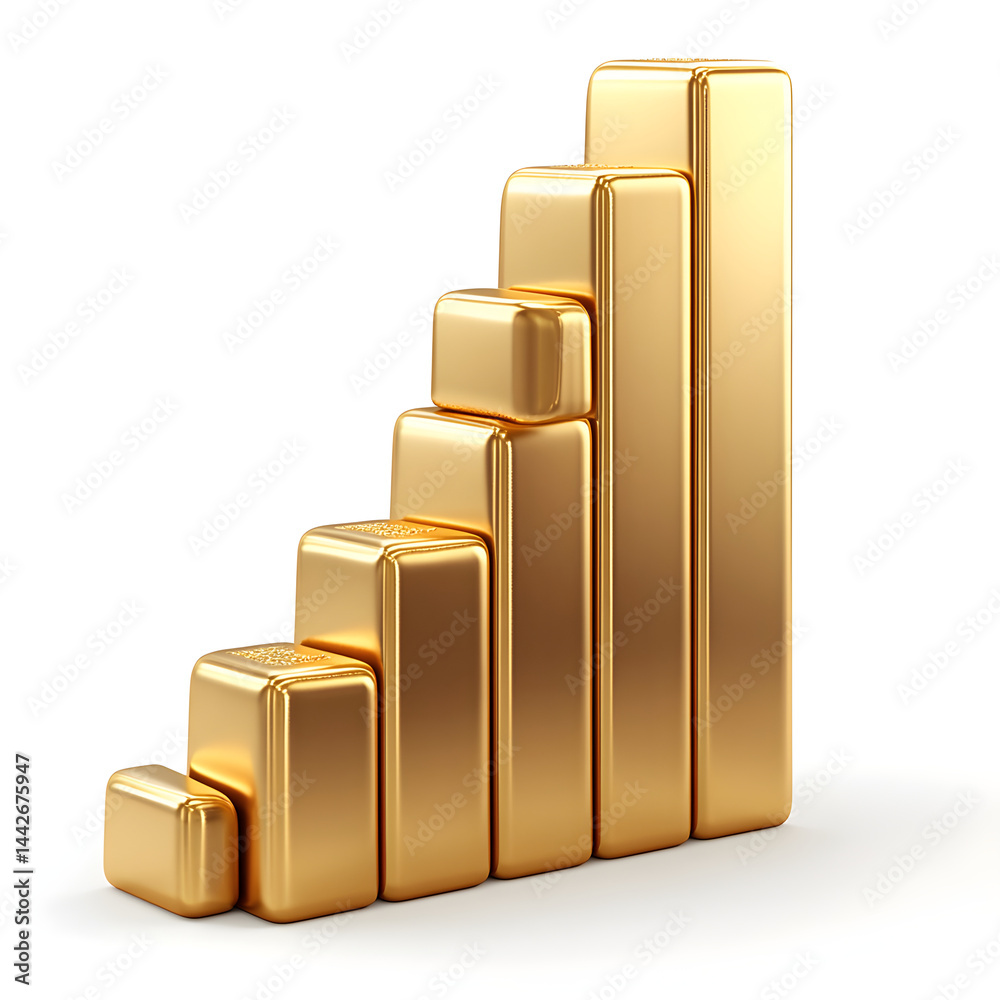 Gold bars forming an upward trend on white background