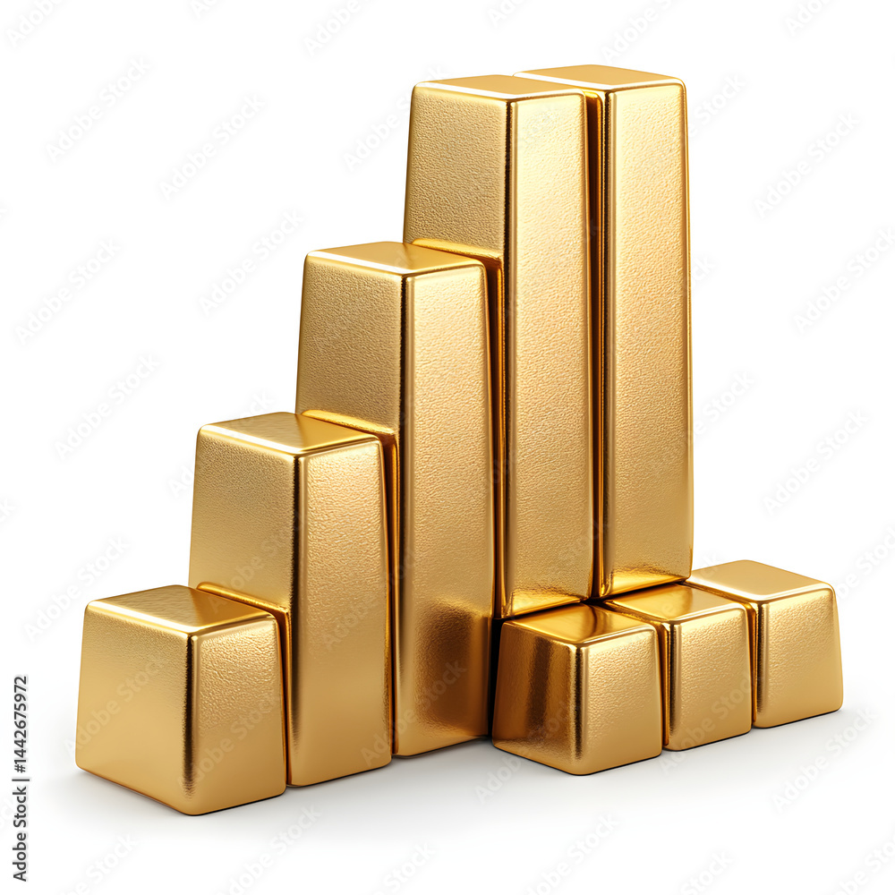 Gold bars forming an ascending graph on white background