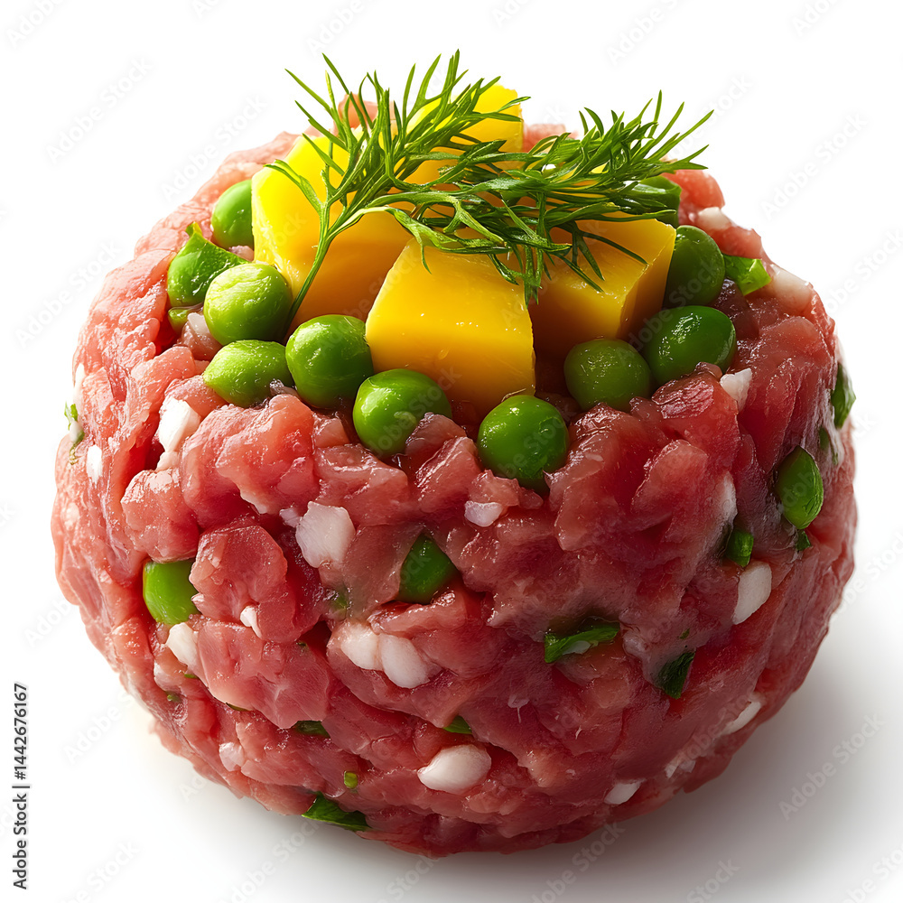 Delicious steak tartare dish garnished with mango, peas, and dill