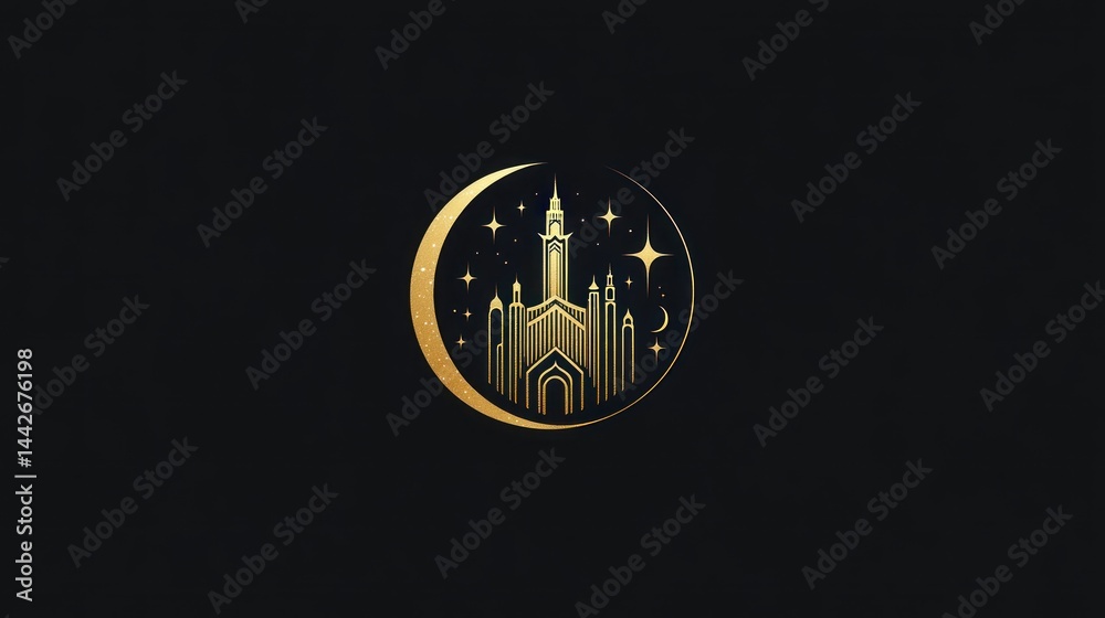 Naklejka premium Golden castle silhouette inside crescent moon with stars on dark background.