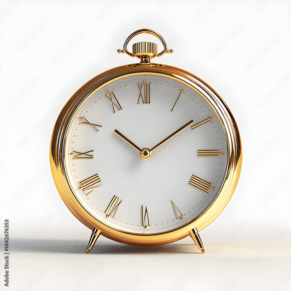 Golden table clock showing current time on white background