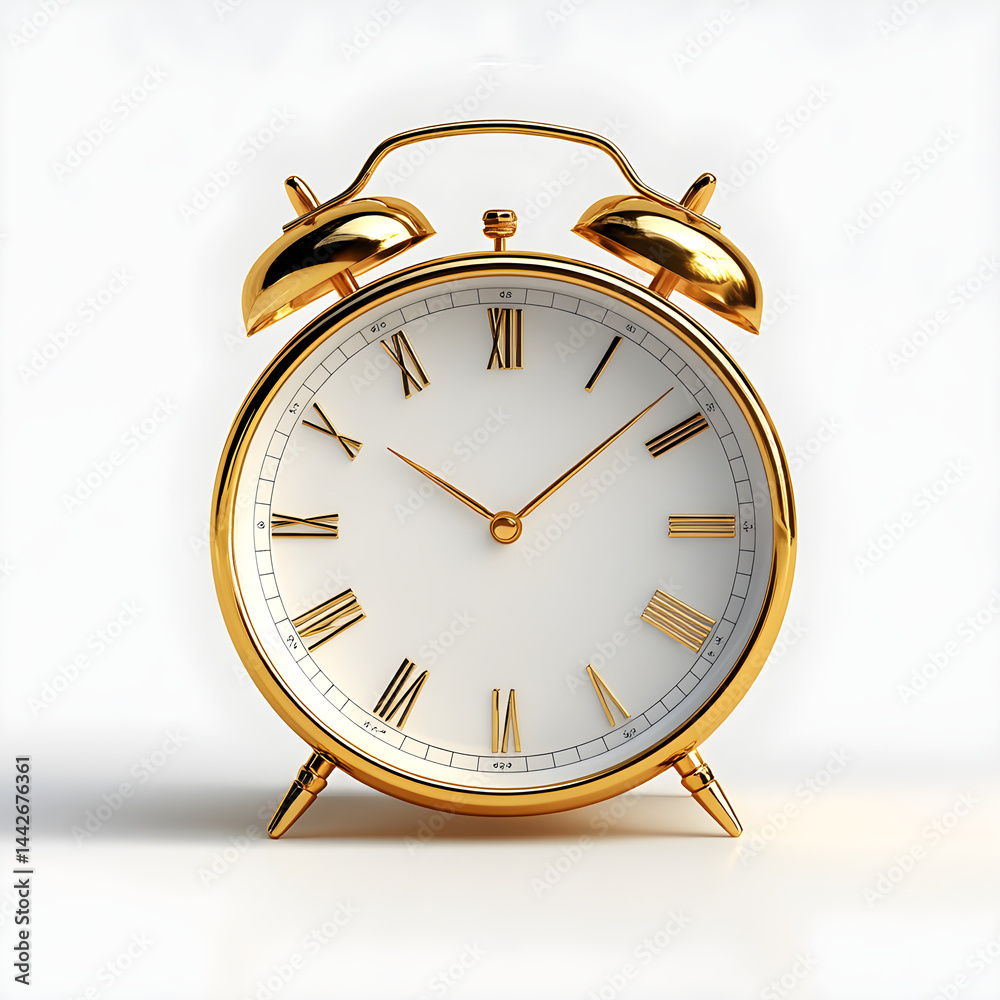 Golden alarm clock showing time on white background