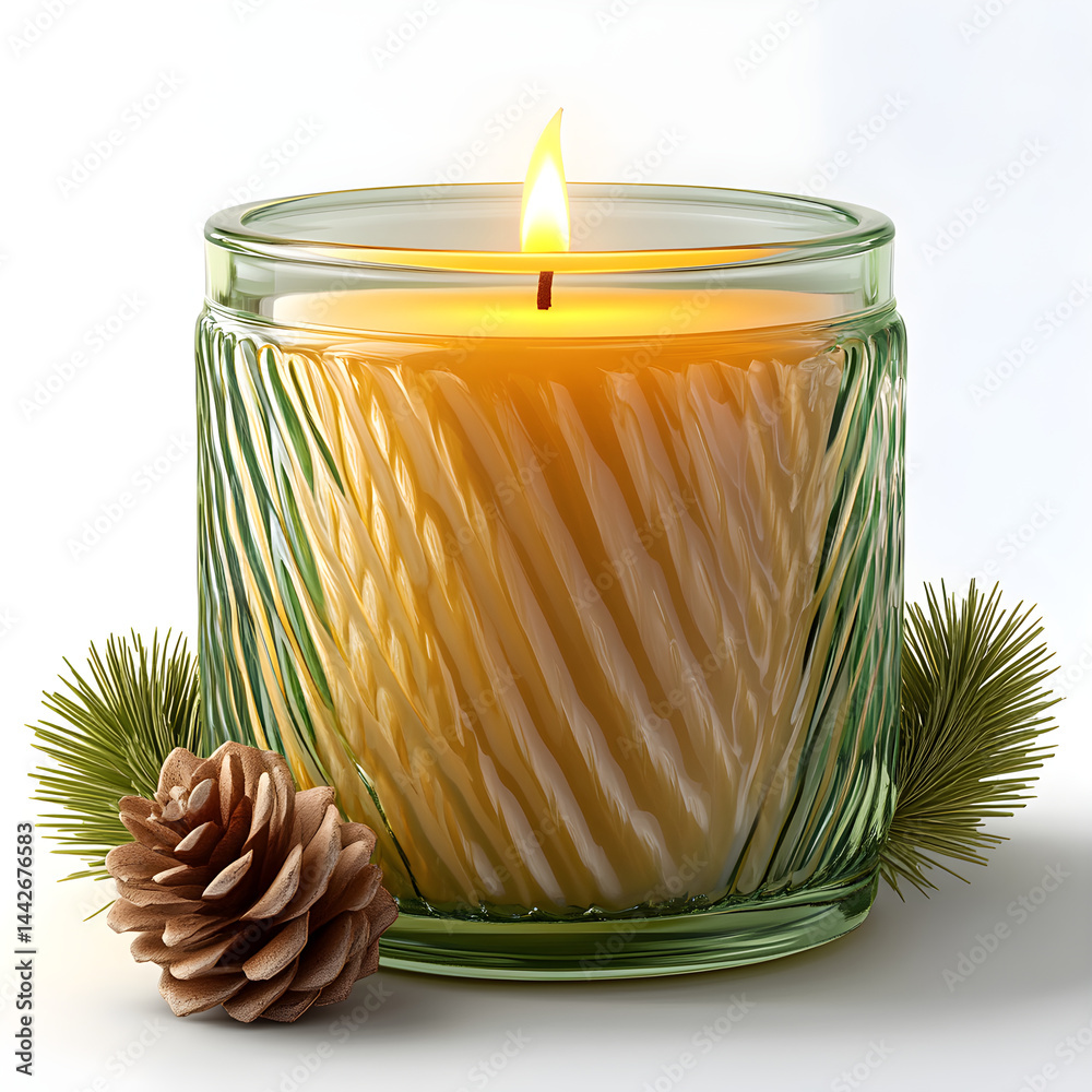 Burning scented candle with pine cone and branches creating relaxing atmosphere