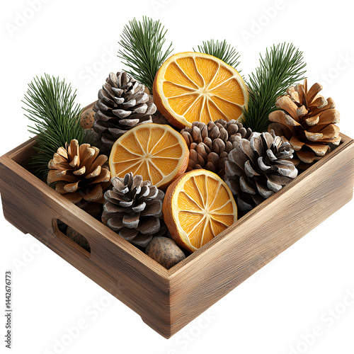 Wooden tray showing christmas decoration with dried orange slices and pine cones