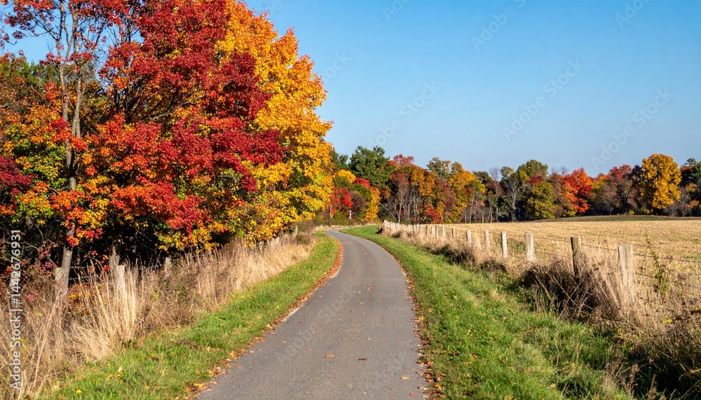 Naklejka premium Autumn scenic walk country road nature photography rural landscape eye-level view seasonal beauty
