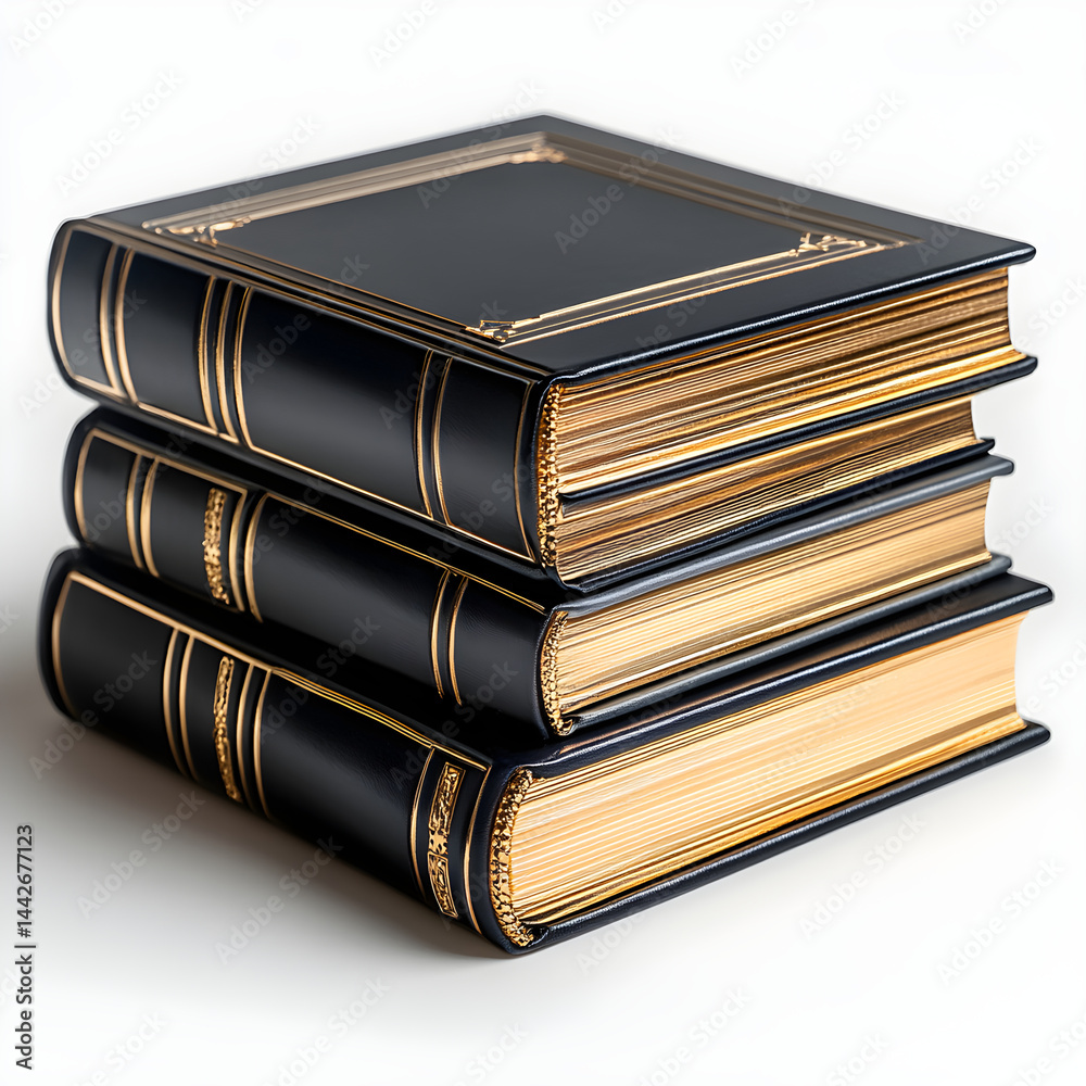 Stack of three antique leather bound books with golden pages on white background
