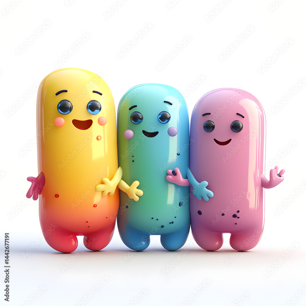 Three colorful cartoon characters hugging each other, showing friendship and happiness