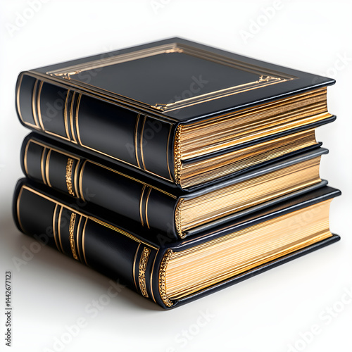 Obraz na płótnie Stack of three antique leather bound books with golden pages on white background w salonie