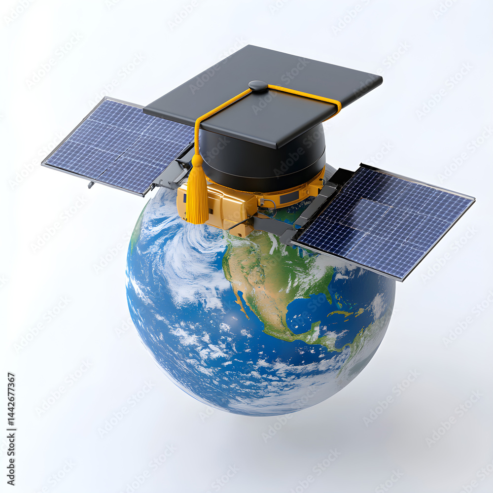 Satellite wearing graduation cap orbiting earth, promoting space education