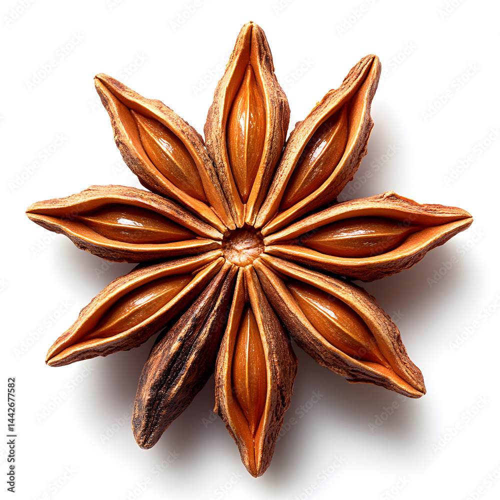 Star anise seed pod showing eight carpels forming star shape on white background